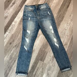 Indigo Rein- mid-rise, distressed skinny - medium wash